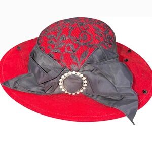 READ NWT Vintage Whittall & Shon Women's Sunday Church Hat Red Black 100% Wool